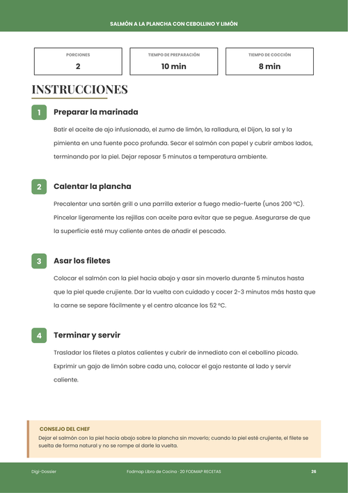Página de instrucciones de muestra &mdash; Salmón a la plancha con cebollino y limón (filete bajo en FODMAP)