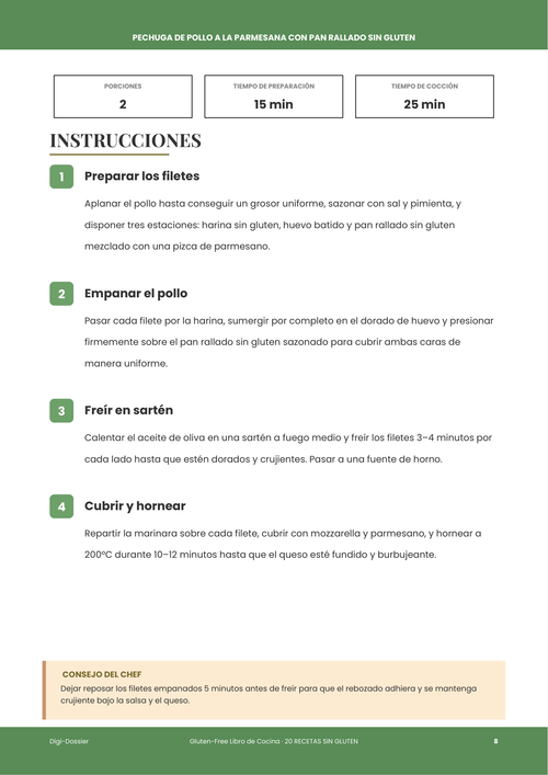 Página de instrucciones de muestra &mdash; Pechuga de Pollo a la Parmesana con Pan Rallado sin Gluten (Receta crujiente sin gluten)