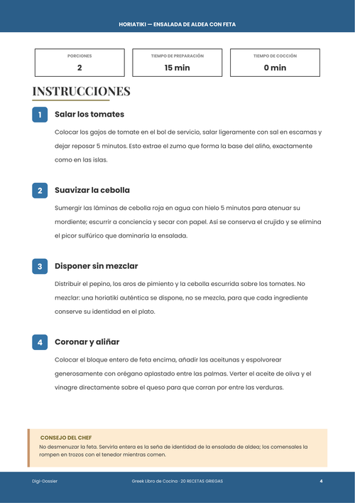 Página de instrucciones de muestra &mdash; Horiatiki, Ensalada de Aldea con Feta (Receta Griega Auténtica)