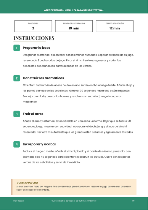 Página de instrucciones de muestra &mdash; Arroz frito con kimchi para la salud intestinal (bol probiótico de una sartén)