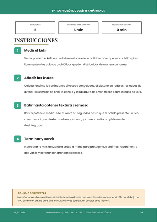 Página de instrucciones de muestra &mdash; Batido probiótico de kéfir y arándanos (receta para el intestino)