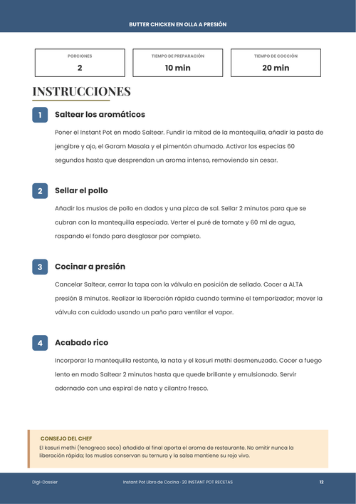 Página de instrucciones de muestra &mdash; Butter Chicken en Olla a Presión (Pollo Makhani Cremoso con Tomate)