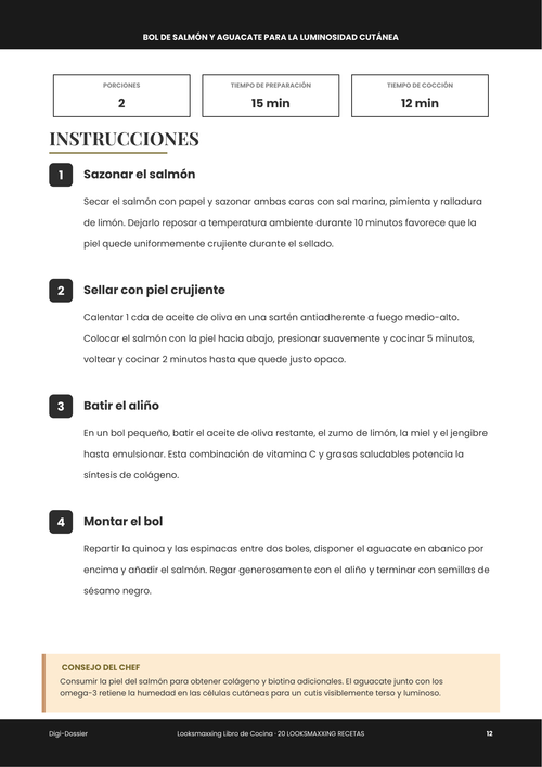 Página de instrucciones de muestra &mdash; Bol de Salmón y Aguacate para la Luminosidad Cutánea (receta rica en omega-3)