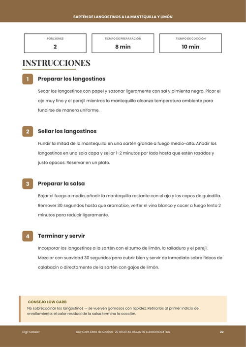 Página de instrucciones de muestra &mdash; Sartén de Langostinos a la Mantequilla y Limón (Cena Baja en Carbohidratos)