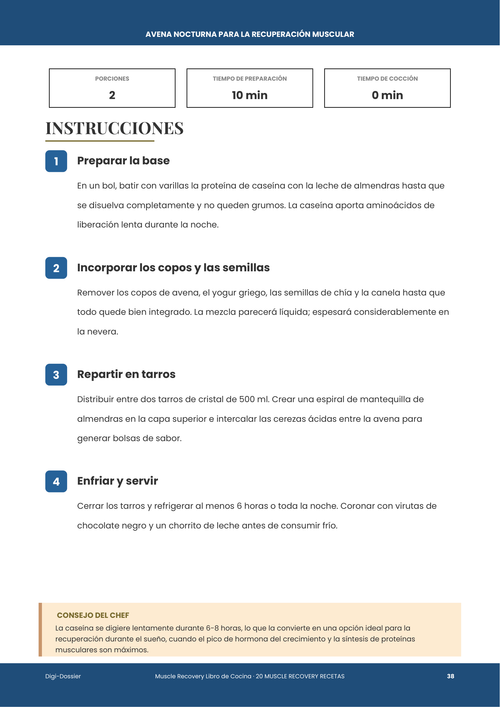 Página de instrucciones de muestra &mdash; Avena nocturna para la recuperación muscular (Tarro proteico con caseína)