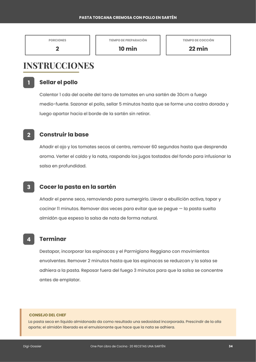 Página de instrucciones de muestra &mdash; Pasta Toscana Cremosa con Pollo en Sartén (Cena en 30 Minutos)