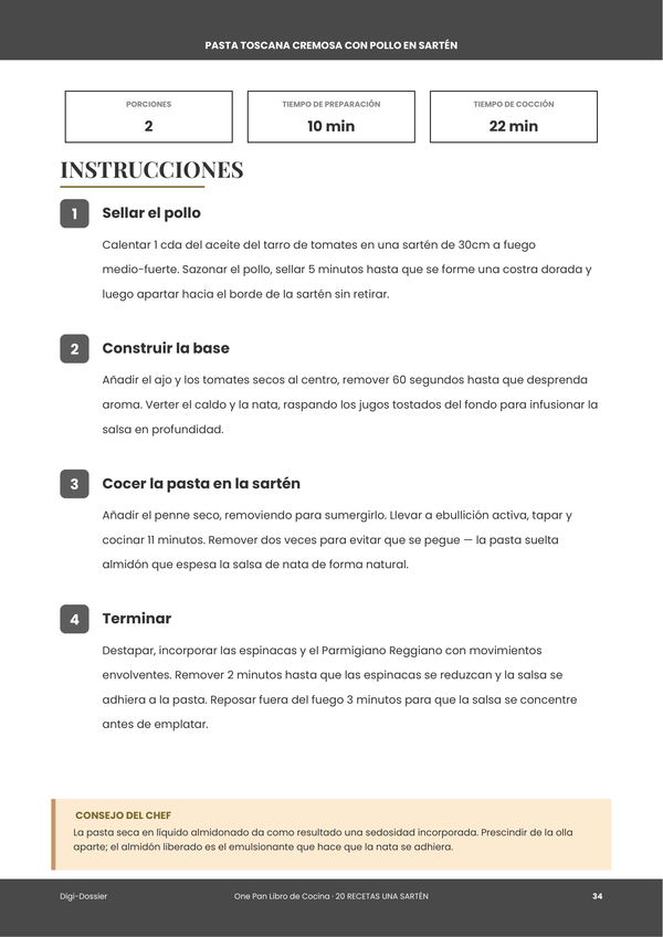 Página de instrucciones de muestra &mdash; Recetario de Una Sola Sartén