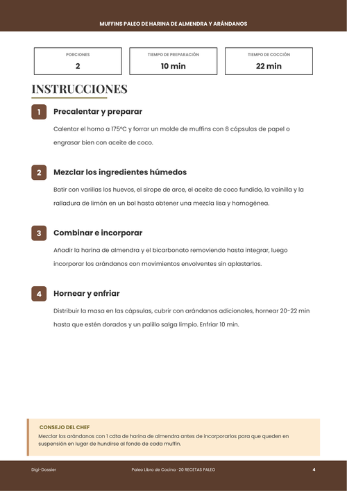 Página de instrucciones de muestra &mdash; Muffins Paleo de Harina de Almendra y Arándanos (sin cereales y esponjosos)