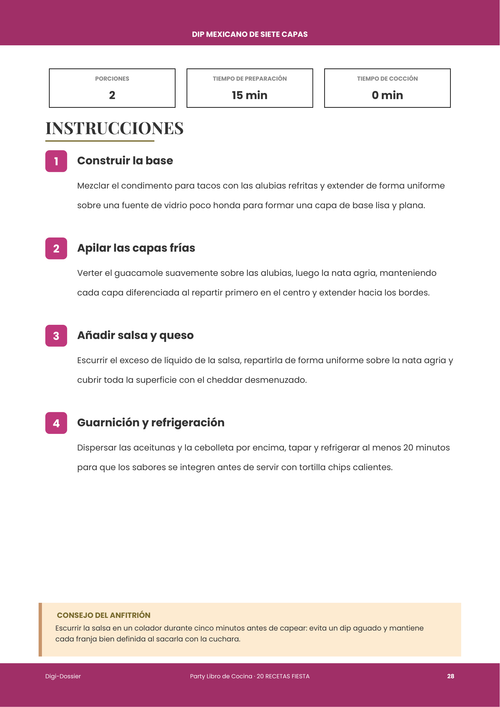 Página de instrucciones de muestra &mdash; Dip Mexicano de Siete Capas (fuente fiesta para preparar con antelación)