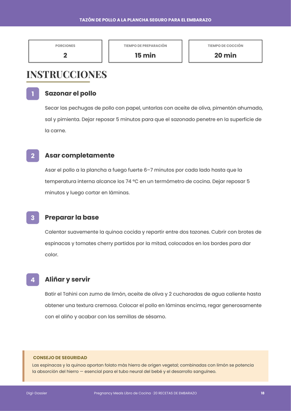 Página de instrucciones de muestra &mdash; Comidas para el Embarazo