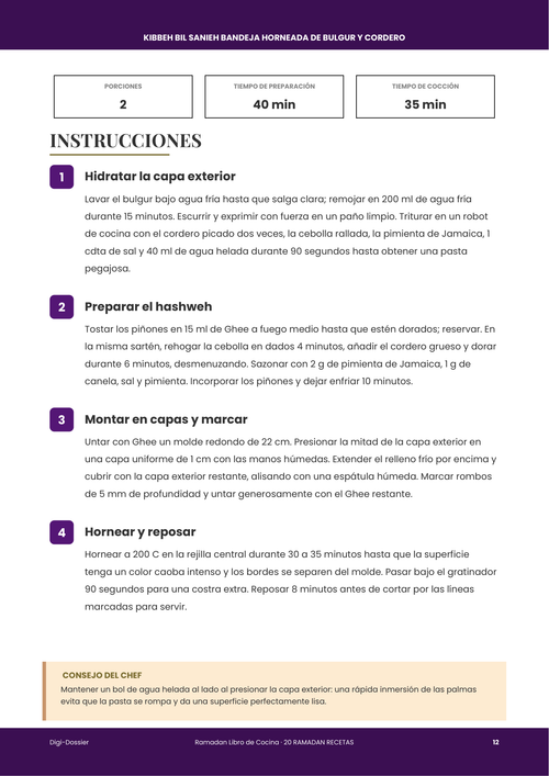 Página de instrucciones de muestra &mdash; Kibbeh Bil Sanieh (Bandeja Horneada de Bulgur y Cordero)