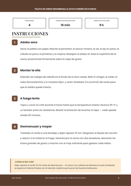 Página de instrucciones de muestra &mdash; Paleta de cerdo deshebrada al estilo sureño en 8 horas (receta de olla lenta)