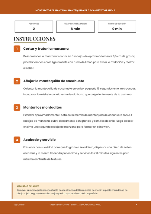 Página de instrucciones de muestra &mdash; Montaditos de manzana, mantequilla de cacahuete y granola (snack sin cocción)