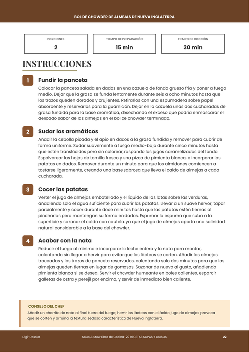 Página de instrucciones de muestra &mdash; Bol de Chowder de Almejas de Nueva Inglaterra (Clásico Cremoso)