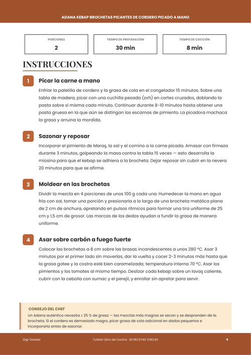 Página de instrucciones de muestra &mdash; Adana Kebap (Brochetas picantes de cordero picado a mano)