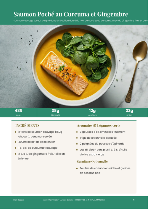 Exemple de page de recette &mdash; Saumon Poché au Curcuma et Gingembre (Recette au Bouillon Doré de Coco)
