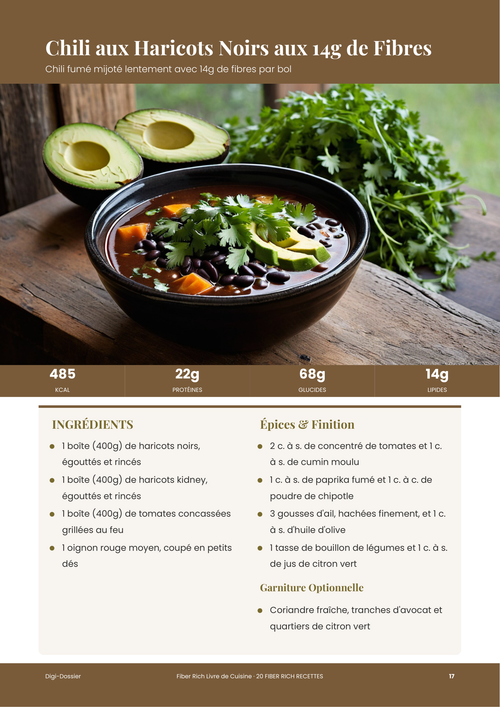 Exemple de page de recette &mdash; Chili aux Haricots Noirs aux 14 g de Fibres (mijoté lentement et fumé)