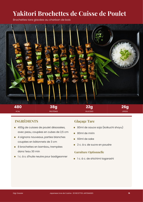 Exemple de page de recette &mdash; Yakitori Brochettes de Cuisse de Poulet (Recette Glacée au Tare)