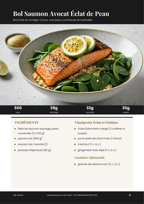 Exemple de page de recette &mdash; Bol Saumon Avocat Éclat de Peau (recette riche en oméga-3)