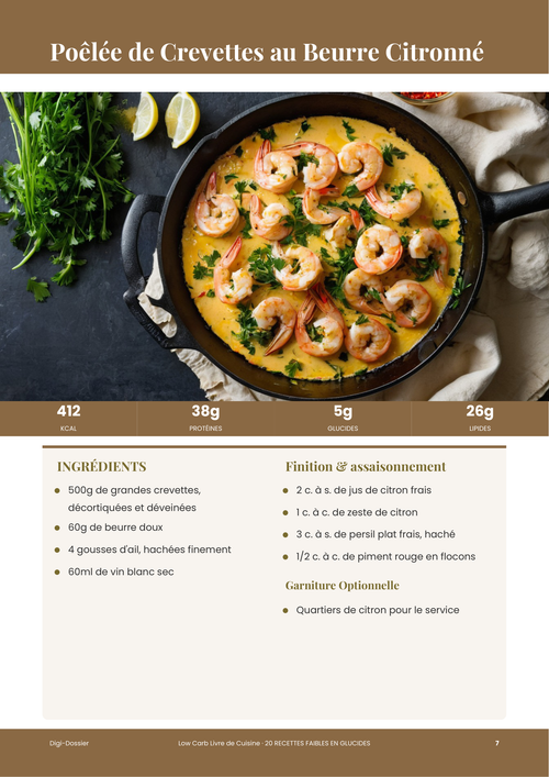 Exemple de page de recette &mdash; Poêlée de Crevettes au Beurre Citronné (Dîner Faible en Glucides)