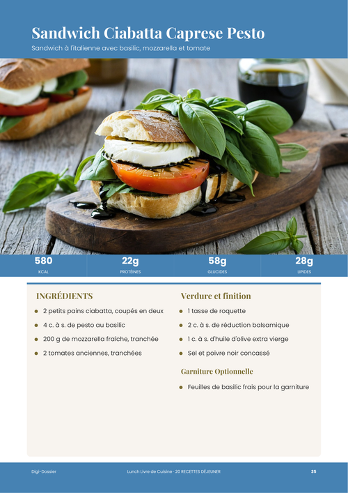 Exemple de page de recette &mdash; Sandwich ciabatta Caprese pesto (déjeuner à l'italienne)