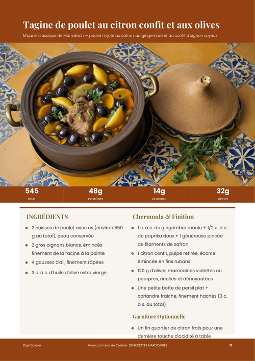 Exemple de page de recette &mdash; Tagine de poulet au citron confit et aux olives (m'qualli classique de Marrakech)