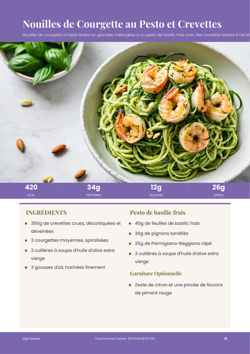 Exemple de page de recette &mdash; Nouilles de courgette au pesto et crevettes (plat pauvre en glucides en 20 minutes)