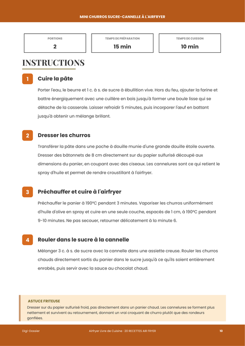 Exemple de page d'instructions &mdash; Mini Churros Sucre-Cannelle à l'Airfryer (Bâtonnets Cannelés Croustillants)