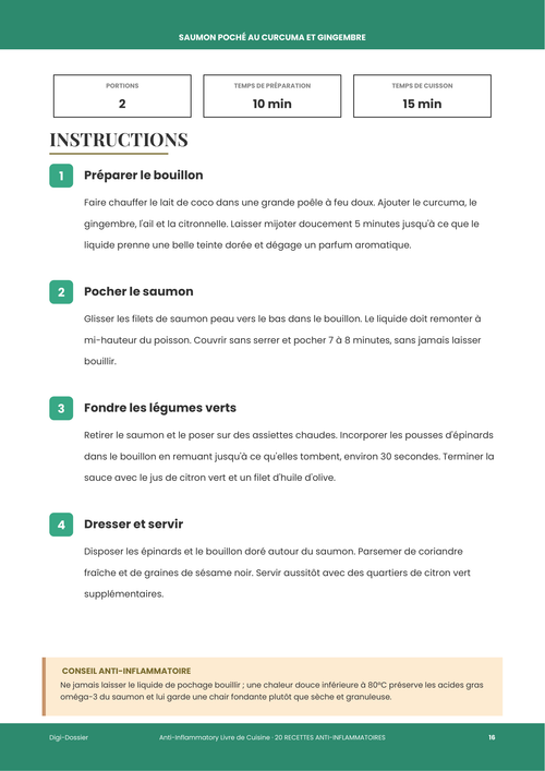 Exemple de page d'instructions &mdash; Saumon Poché au Curcuma et Gingembre (Recette au Bouillon Doré de Coco)