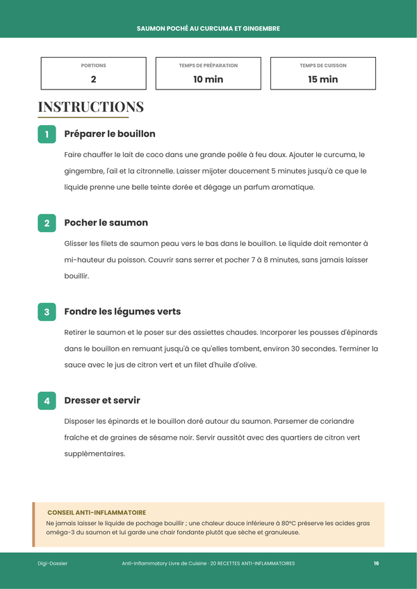 Exemple de page d'instructions &mdash; Livre de Recettes Anti-Inflammatoire