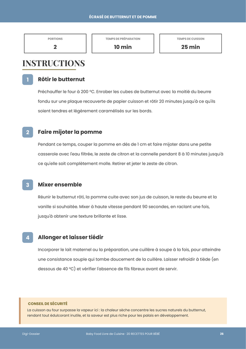 Exemple de page d'instructions &mdash; Écrasé de Butternut et de Pomme (purée soyeuse pour bébé)