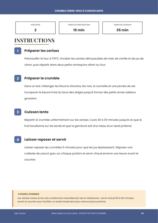 Exemple de page d'instructions &mdash; Livre de Cuisine pour Mieux Dormir