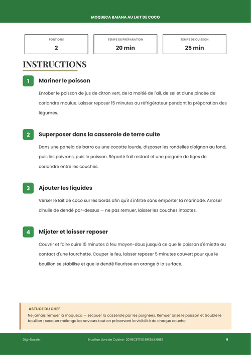 Exemple de page d'instructions &mdash; Moqueca Baiana au lait de coco (ragoût de poisson bahianais)