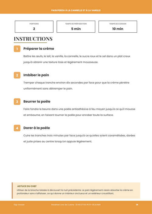 Exemple de page d'instructions &mdash; Pain perdu à la cannelle et à la vanille (brioche imbibée de crème)