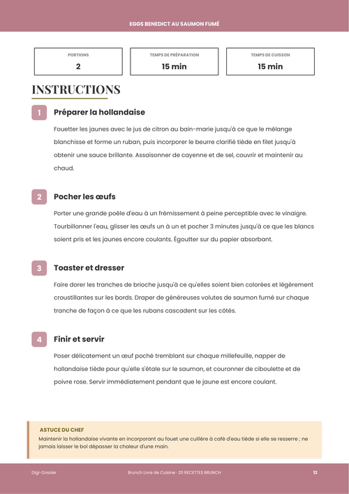 Exemple de page d'instructions &mdash; Eggs Benedict au saumon fumé (recette de brunch)