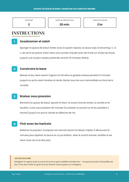 Exemple de page d'instructions &mdash; Ragoût de Queue de Bœuf Jamaïcain aux Haricots Beurre (Recette Mijotée)