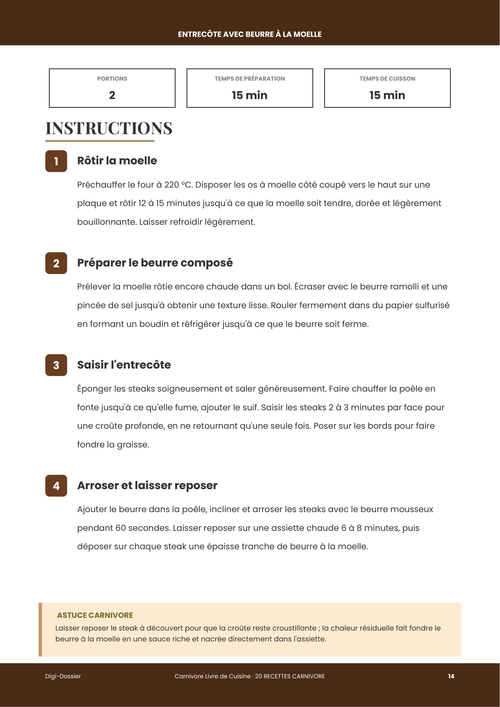 Exemple de page d'instructions &mdash; Entrecôte au Beurre à la Moelle (Recette Carnivore à la Poêle en Fonte)