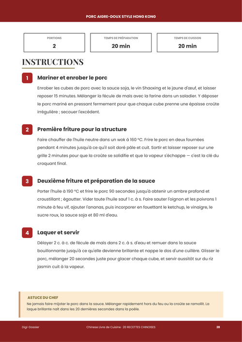 Exemple de page d'instructions &mdash; Porc aigre-doux style Hong Kong (recette au wok frite deux fois)