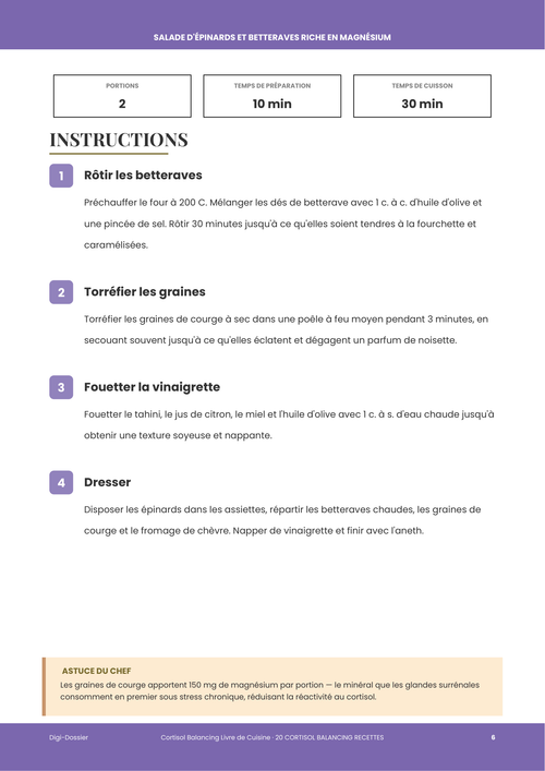 Exemple de page d'instructions &mdash; Salade d'épinards et betteraves riche en magnésium (Recette pour les surrénales)