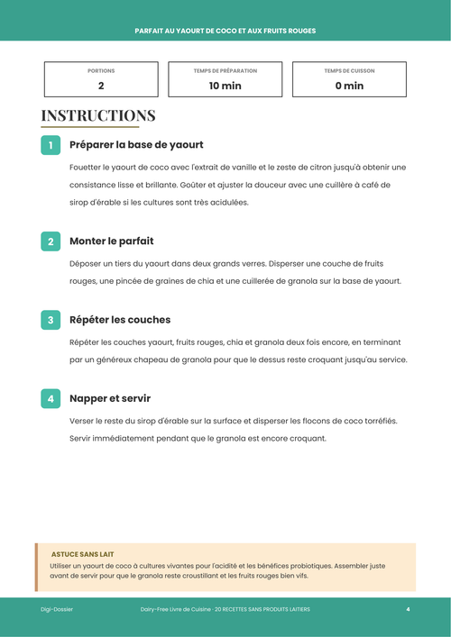 Exemple de page d'instructions &mdash; Parfait au yaourt de coco et aux fruits rouges (petit-déjeuner sans produits laitiers en couches)