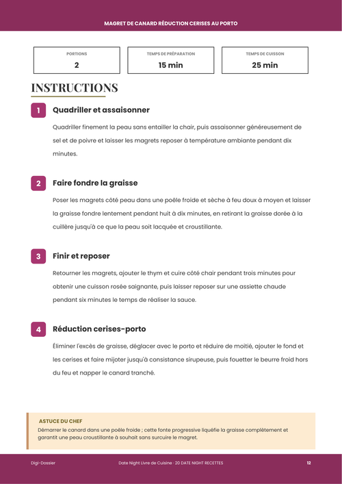 Exemple de page d'instructions &mdash; Magret de Canard, Réduction Cerises au Porto (Plat de Fête à Deux)