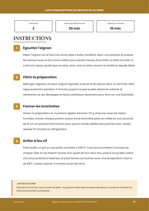 Exemple de page d'instructions &mdash; Brochettes de Kofta Kebab Égyptien (agneau & bœuf grillés)