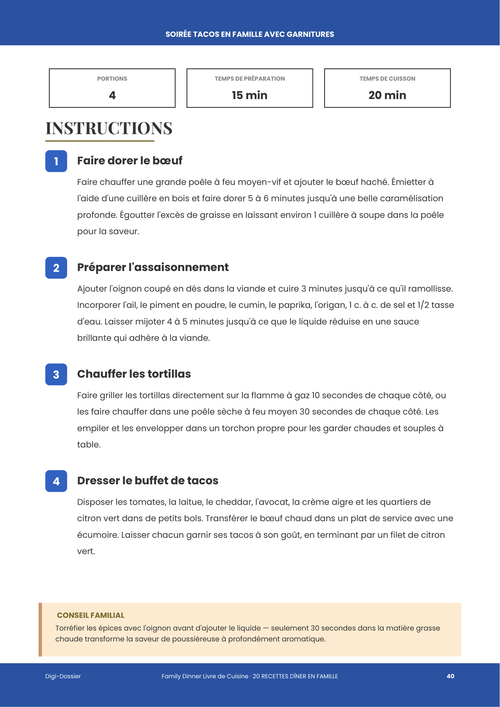 Exemple de page d'instructions &mdash; Soirée tacos en famille avec garnitures (recette facile en semaine)