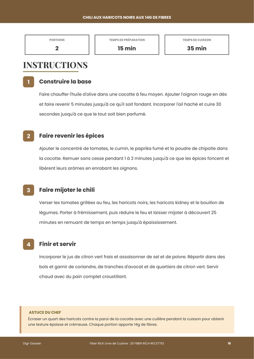 Exemple de page d'instructions &mdash; Chili aux Haricots Noirs aux 14 g de Fibres (mijoté lentement et fumé)