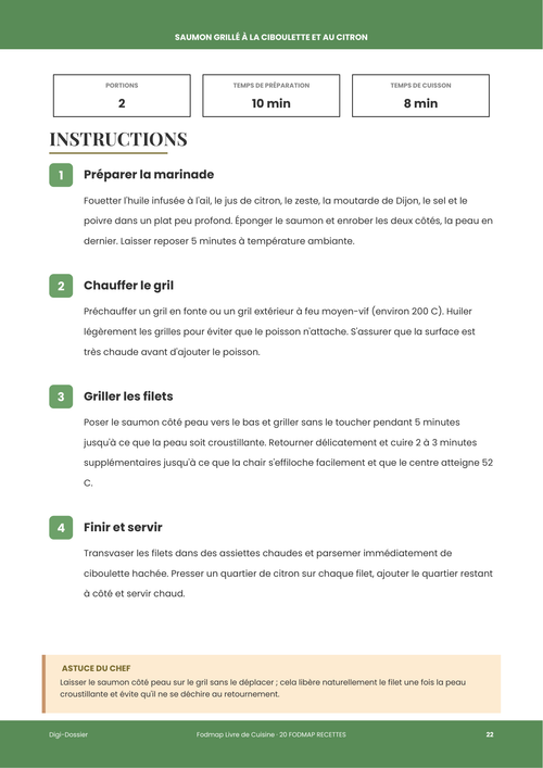 Exemple de page d'instructions &mdash; Saumon grillé à la ciboulette et au citron (filet pauvre en FODMAP)
