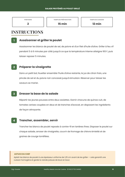 Exemple de page d'instructions &mdash; Salade Protéinée au Poulet Grillé (Riche en Protéines)