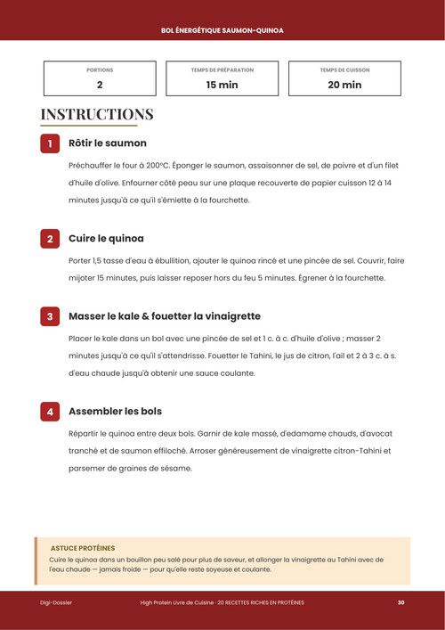 Exemple de page d'instructions &mdash; Bol Énergétique Saumon-Quinoa (Recette Riche en Protéines)