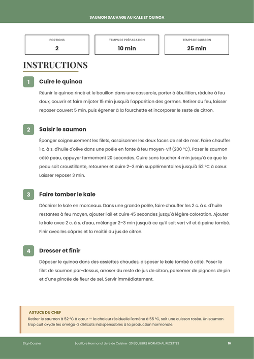 Exemple de page d'instructions &mdash; Saumon sauvage au kale et quinoa (dîner oméga-3 pour l'équilibre hormonal)