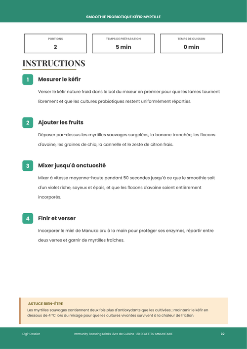 Exemple de page d'instructions &mdash; Smoothie probiotique kéfir myrtille (recette pour l'intestin)