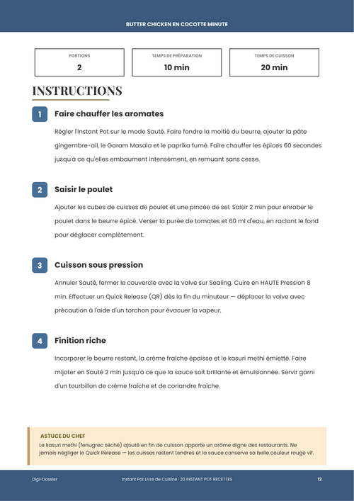 Exemple de page d'instructions &mdash; Butter Chicken en Cocotte Minute (Poulet Makhani Crémeux à la Tomate)
